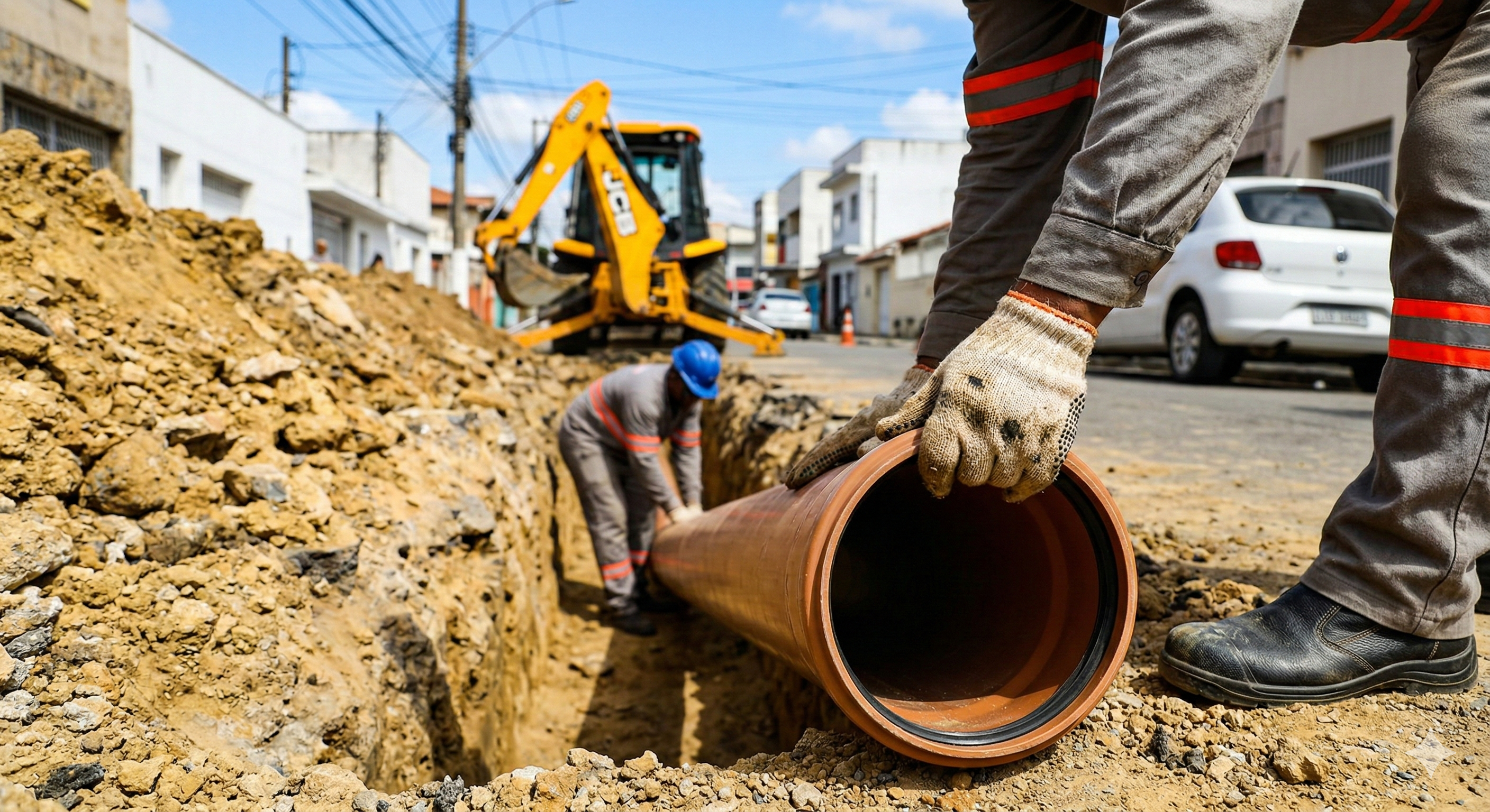 Equipe executando instalação de tubulação em obra urbana de saneamento